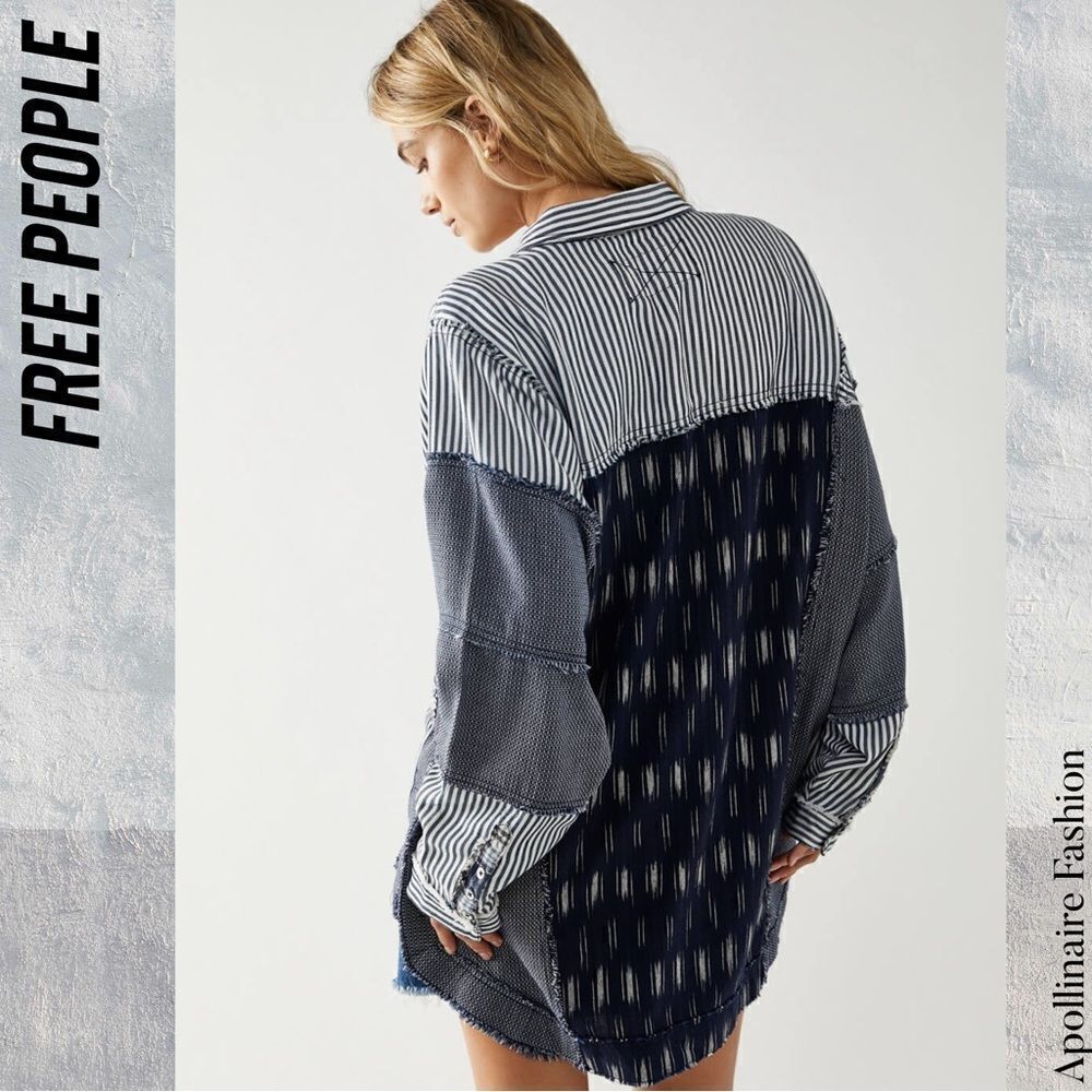 Free People Patchwork Button Down Shirt - Navy An… - image 7